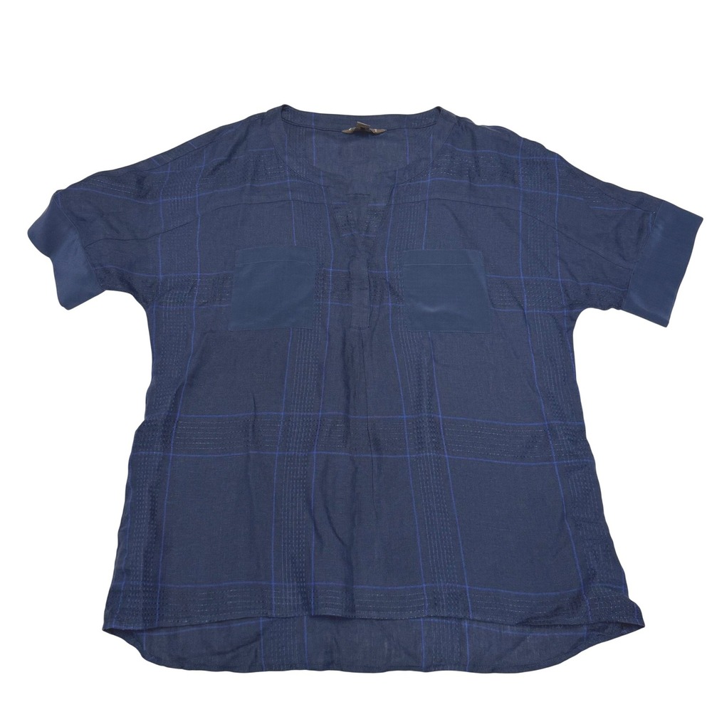 Tommy Bahama Navy Linen Silk Trim Windowpane Plaid Tunic Top Womens Medium